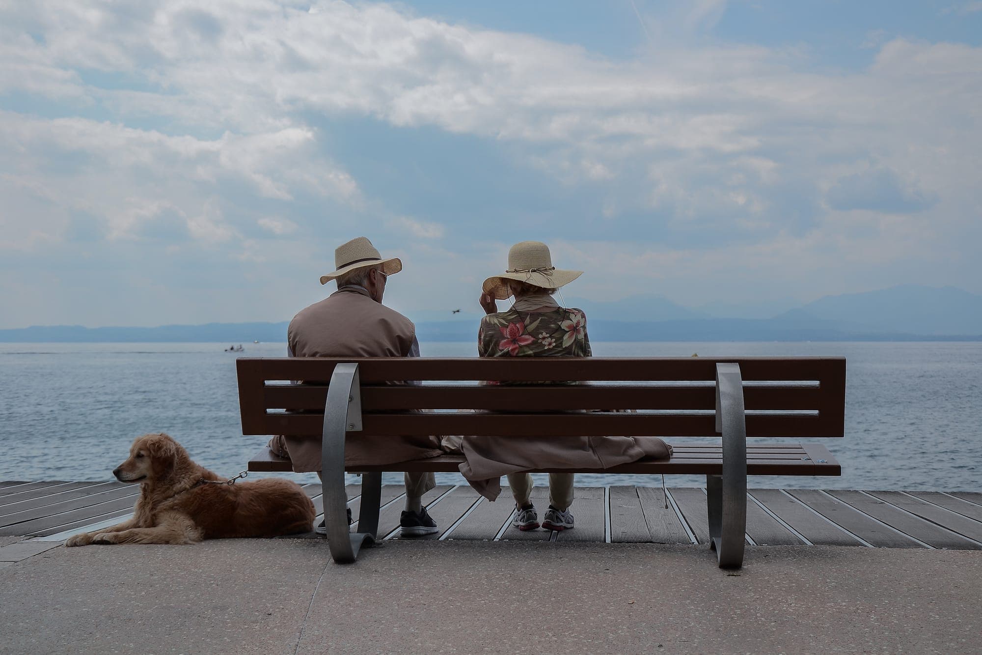 Two people on a bench by the water, with a dog lying beside them